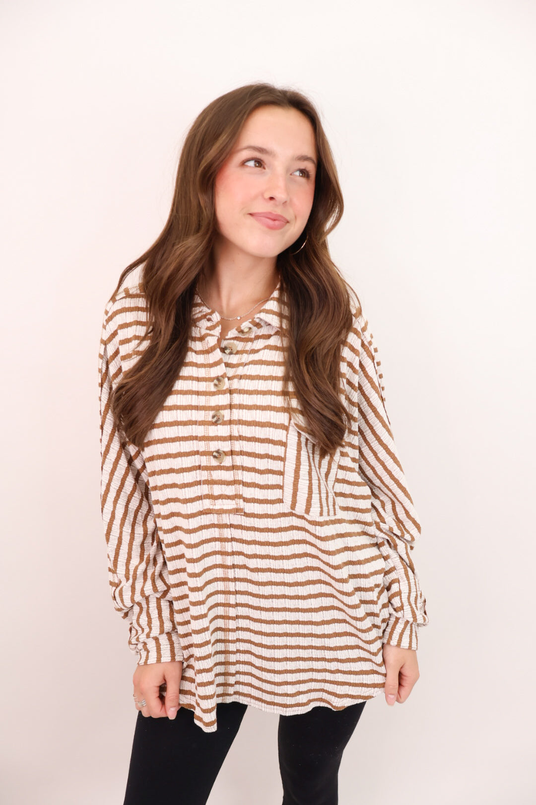 Textured Camel Stripe Henley Top