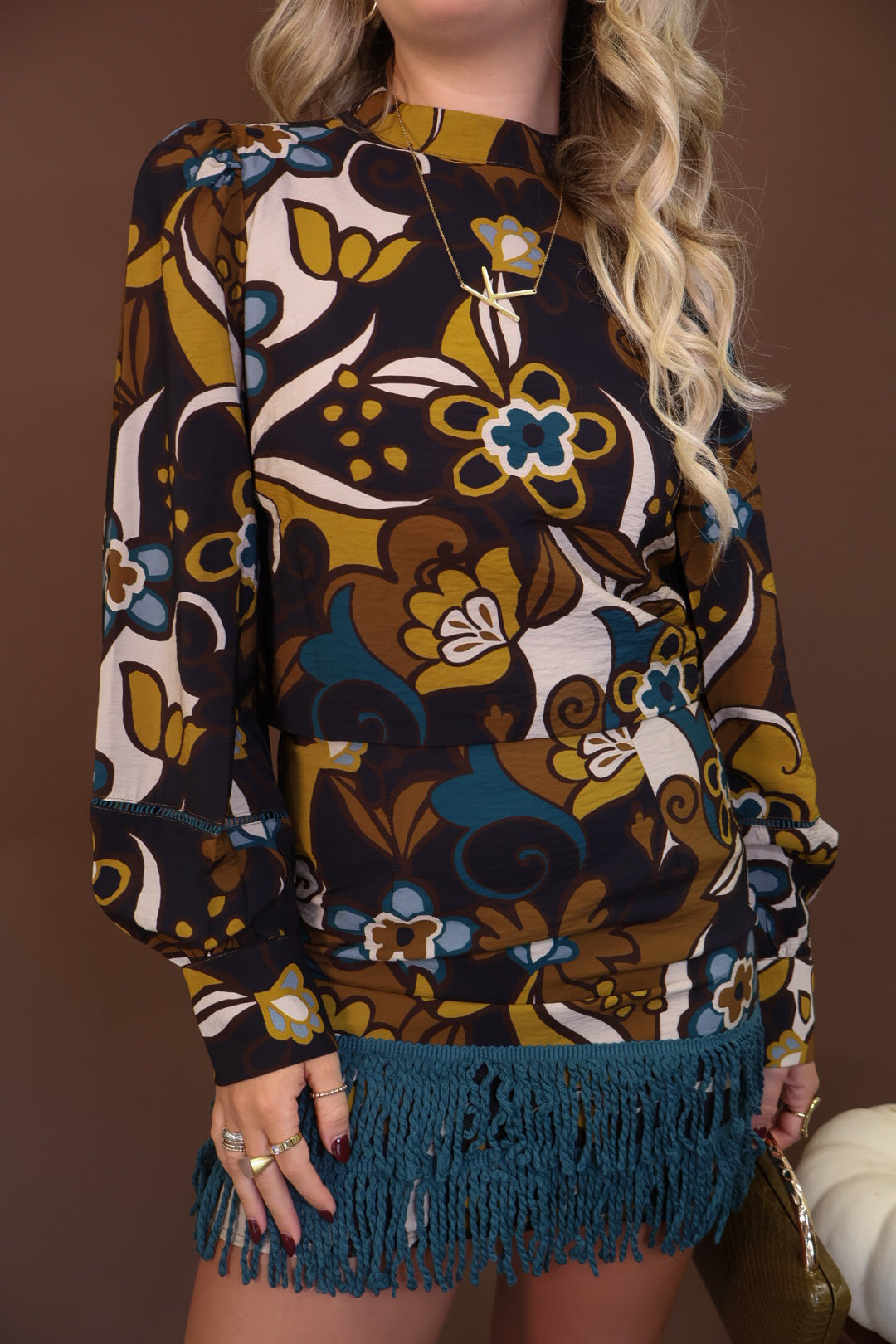 Retro Floral Fringe Trim Mini Skirt Set — close-up of top neckline and retro floral print.