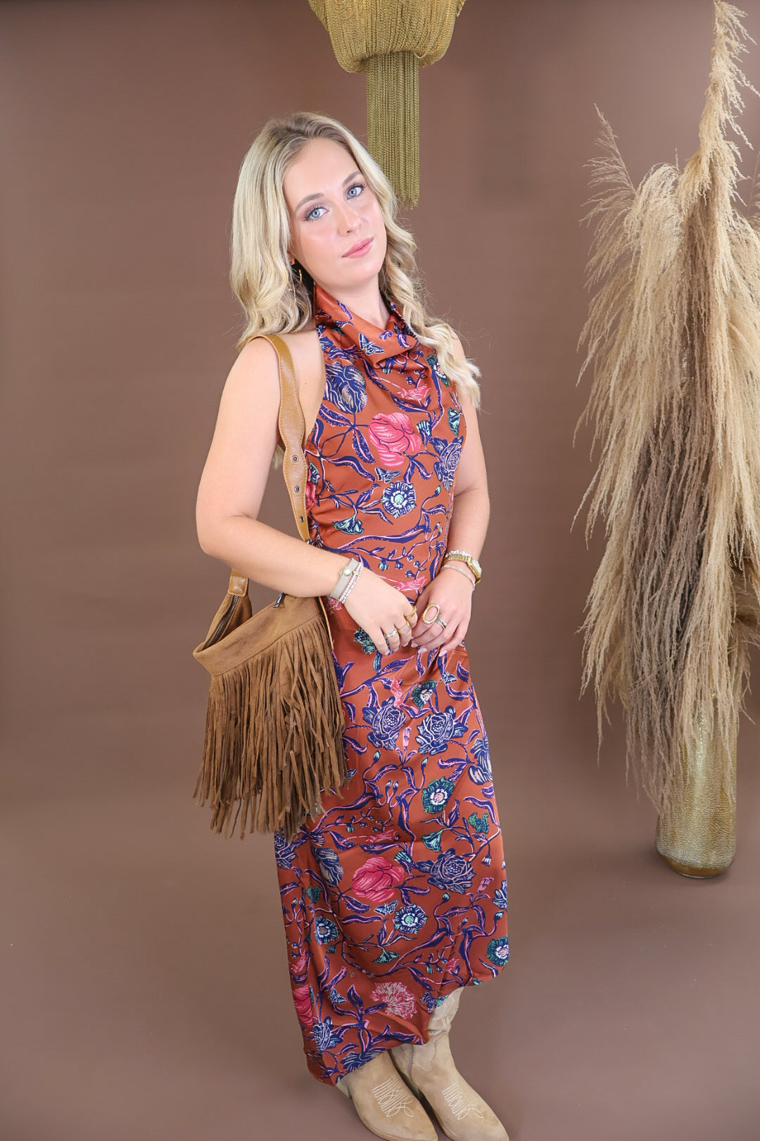 Rust floral satin cowl neck maxi dress with open back