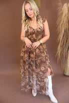Chocolate floral mesh dress with ruffle straps and side slit