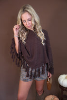 Chocolate Brown Crochet Fringe Poncho Top — front view.