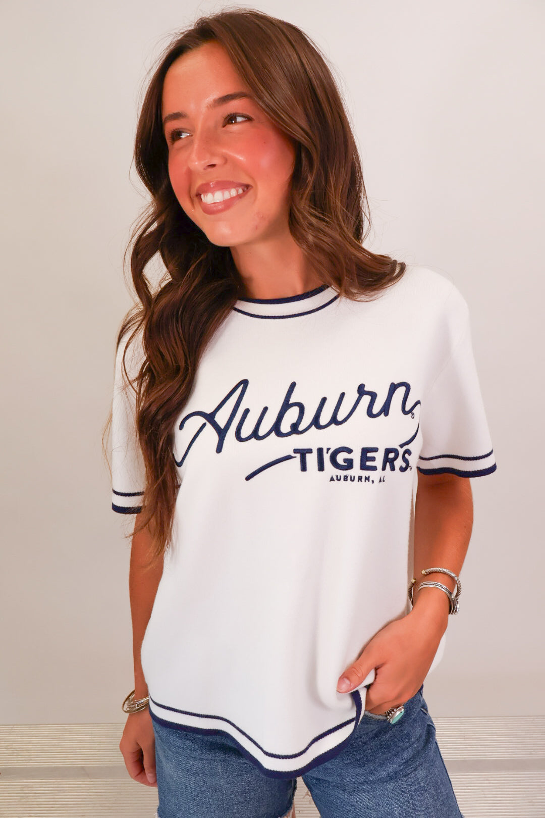 White Auburn Tigers script sweater top with navy ringer trim — view 2