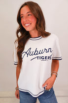 White Auburn Tigers script sweater top with navy ringer trim — view 2