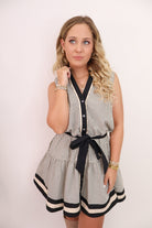 Black Striped Sleeveless Belted Dress