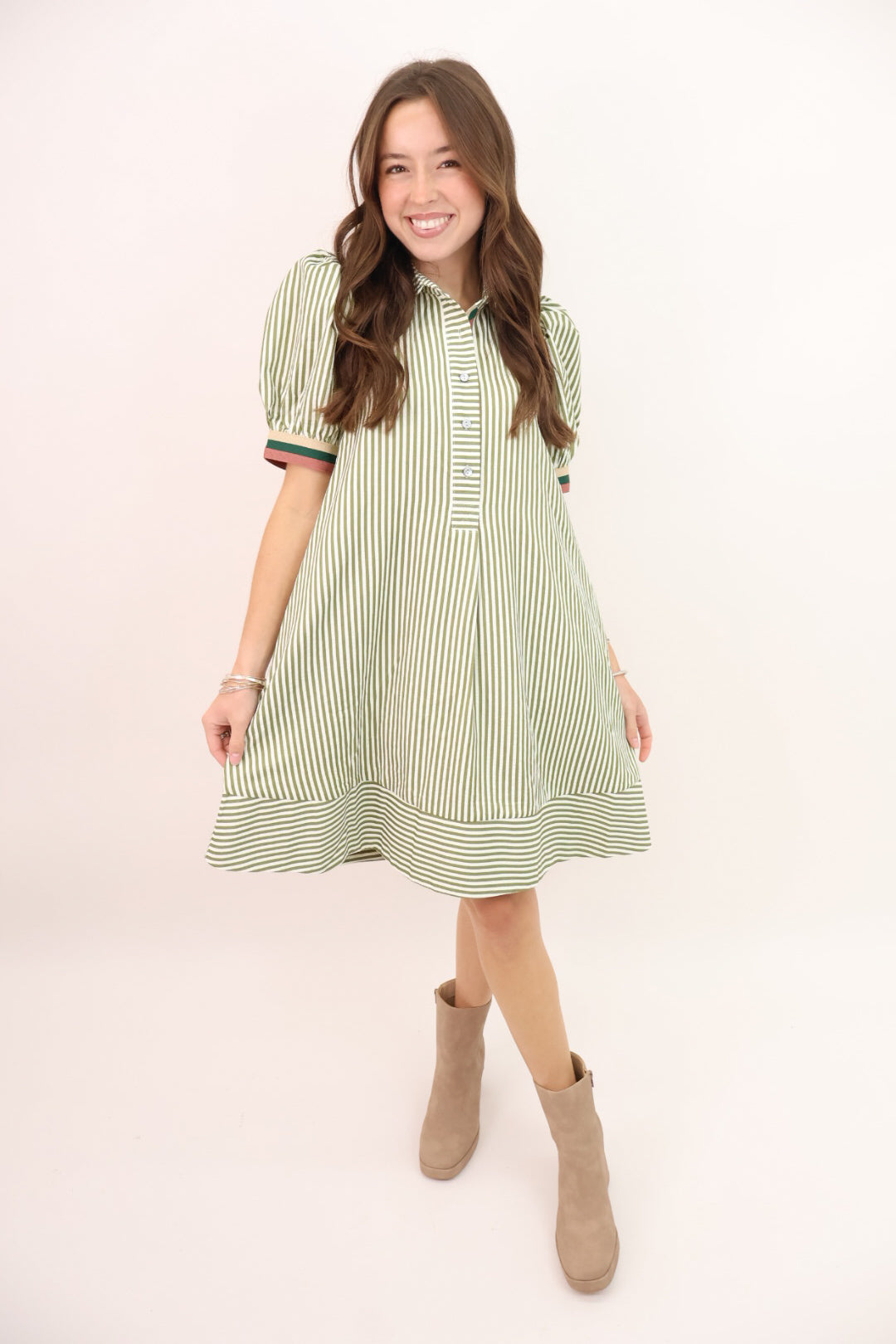 Olive & Cream Striped Puff Sleeve Dress