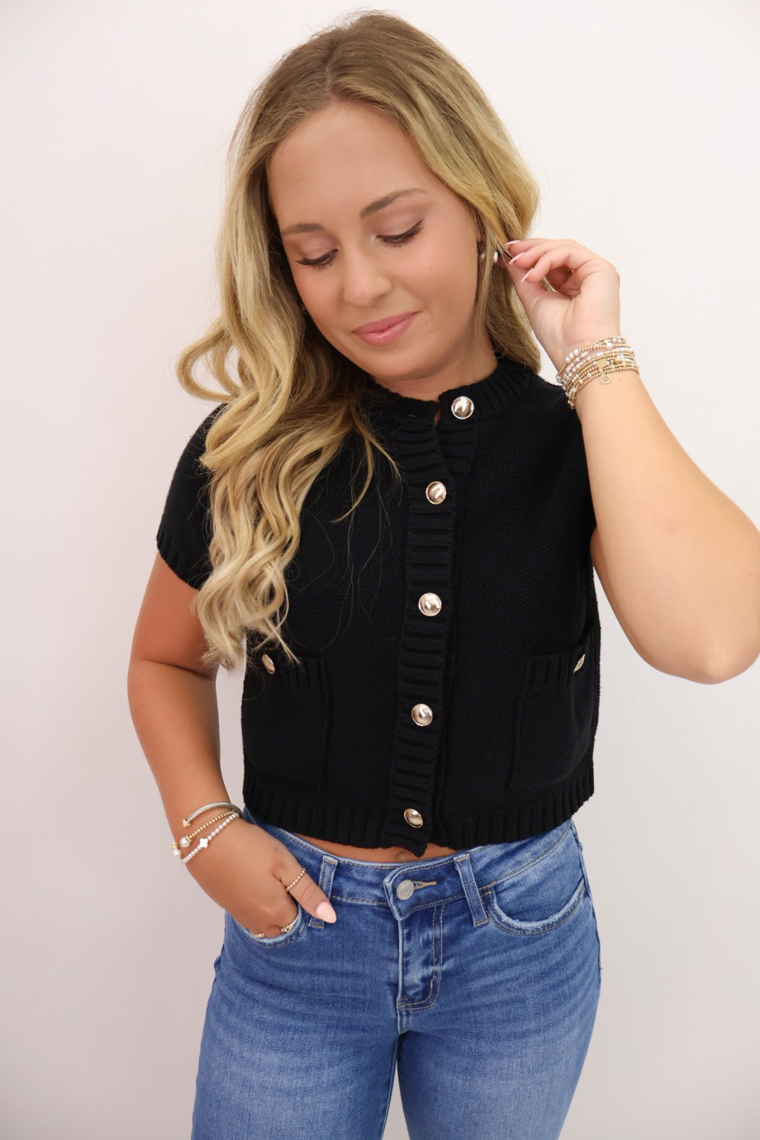Gold Button Front Knit Cardigan Top - Black