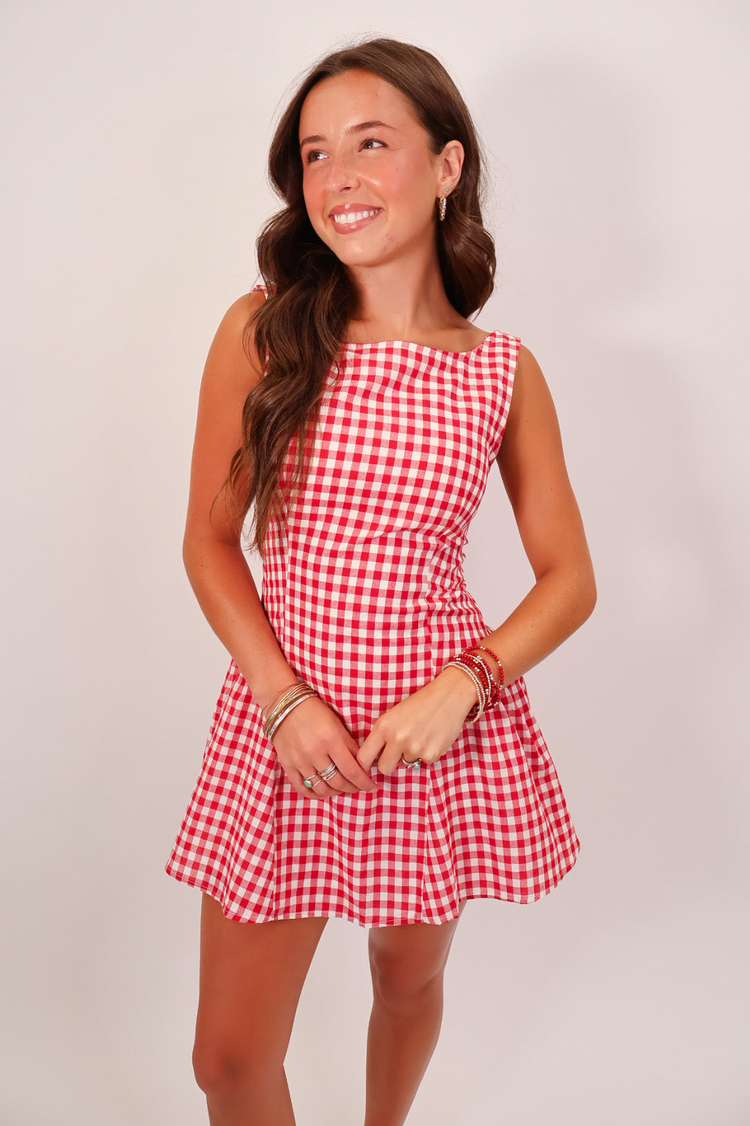 Red Gingham Scoop Back Mini Dress