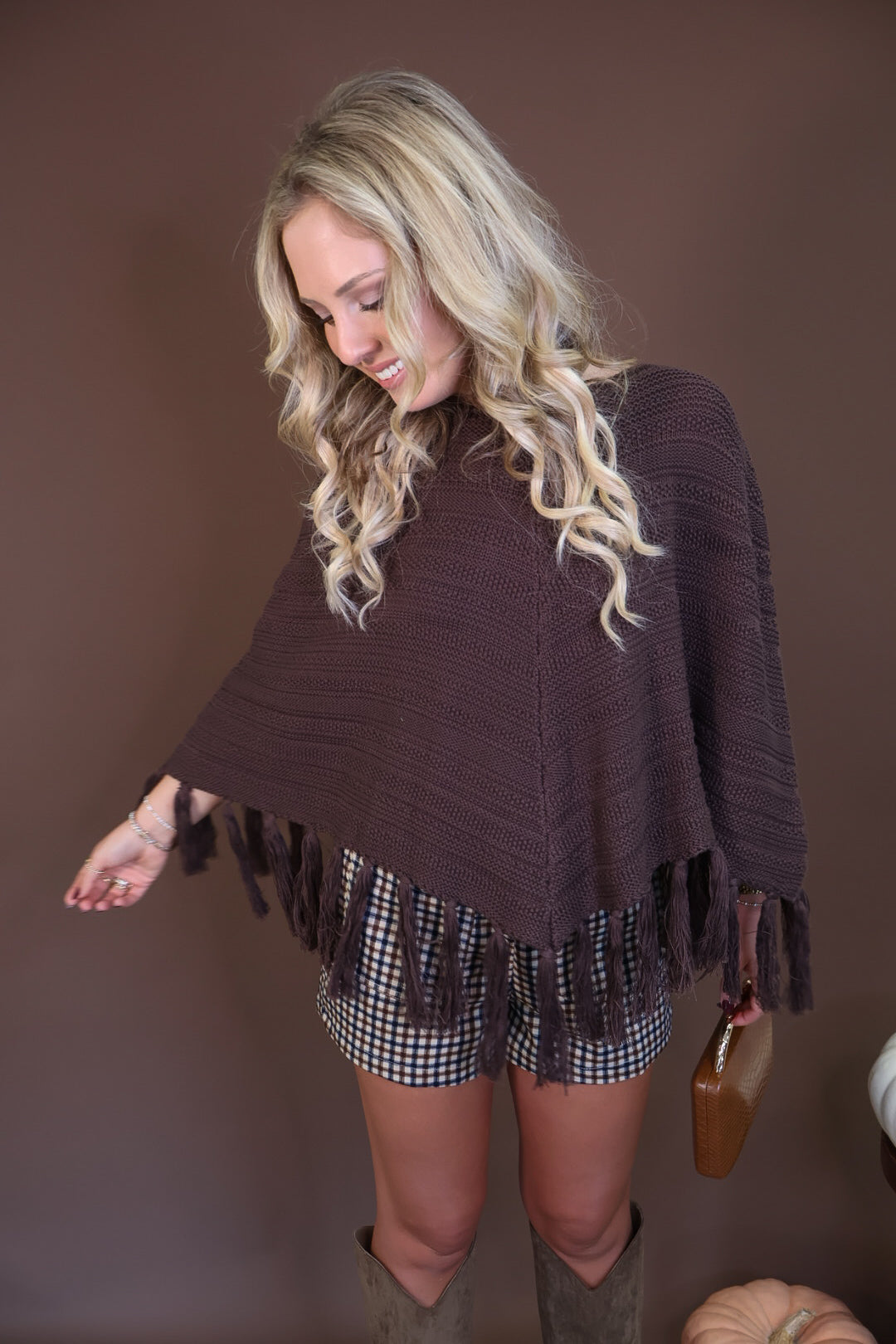 Chocolate Brown Crochet Fringe Poncho Top — side view showing wide poncho drape.