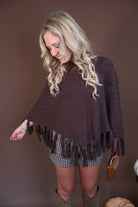 Chocolate Brown Crochet Fringe Poncho Top — side view showing wide poncho drape.