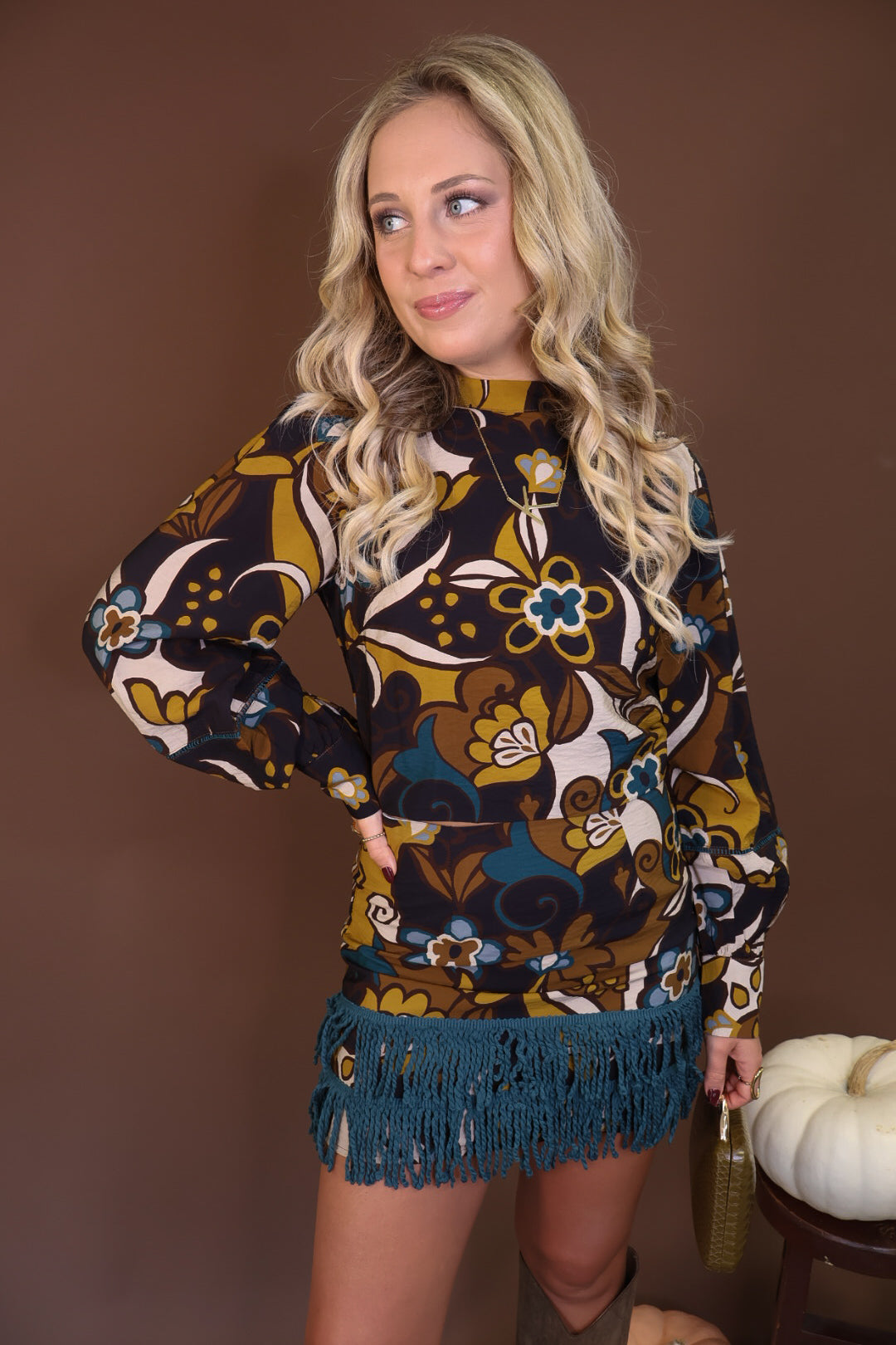 Retro Floral Fringe Trim Mini Skirt Set — front view of matching floral top and skirt.
