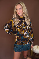 Retro Floral Fringe Trim Mini Skirt Set — front view of matching floral top and skirt.