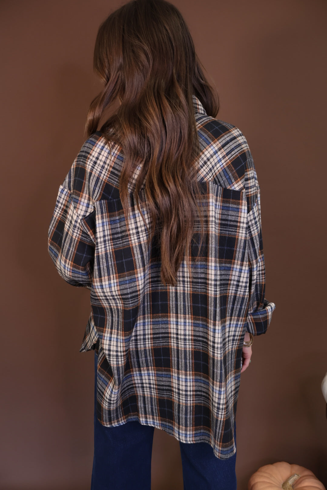 Plaid Button-Front Tunic Top — back view.