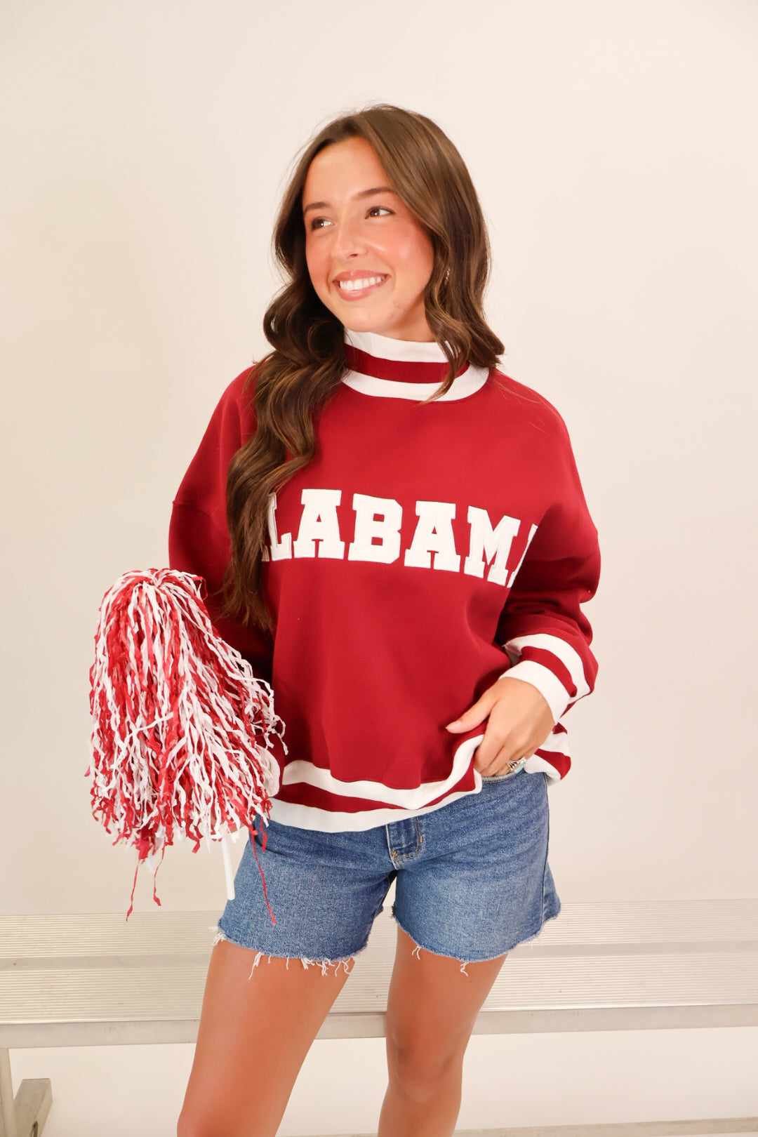 Crimson Alabama varsity mockneck pullover with white appliqué lettering — view 7