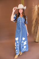 Denim maxi dress with floral embroidery and front slit