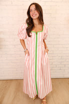 Pink & Green Striped Puff Sleeve Maxi Dress