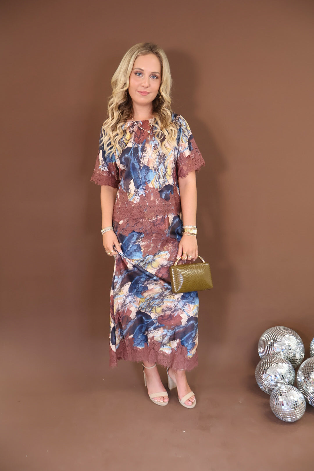 Satin Snakeskin Crop Top & Midi Skirt Set with Lace Trim
