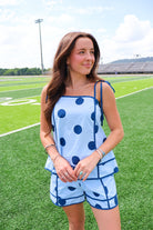 Light Blue Polka Dot Tie-Strap Top and Shorts Set