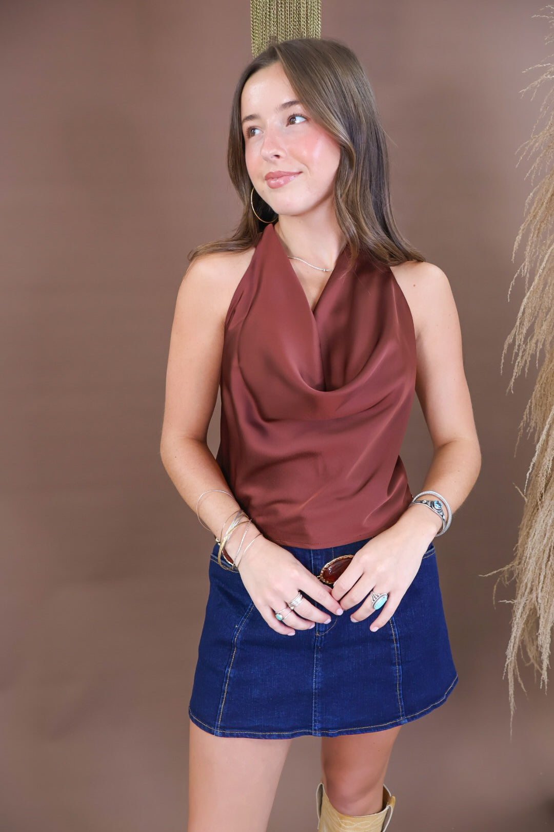 Brown satin cowl neck top with open back and tie closure