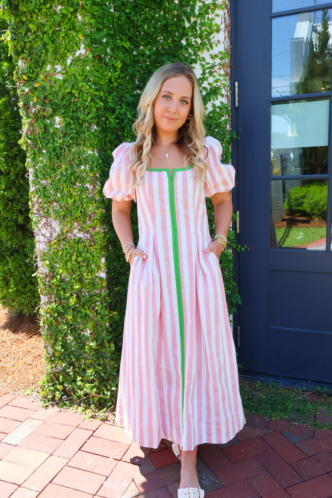 Pink & Green Striped Puff Sleeve Maxi Dress