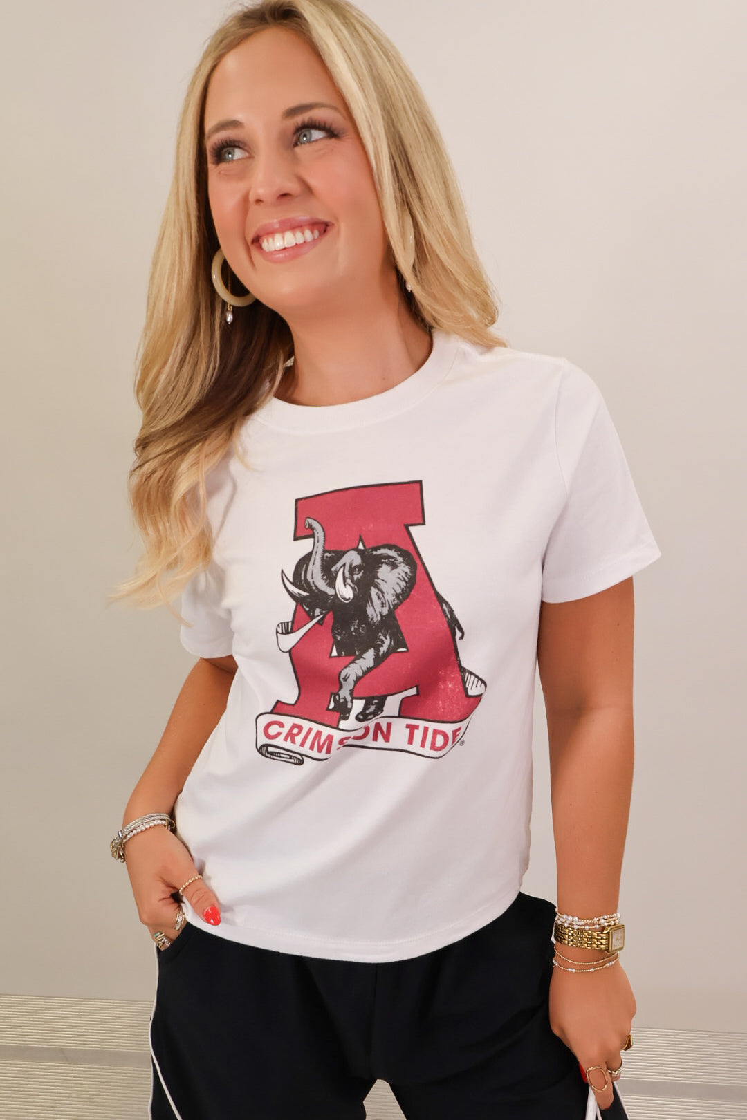 White Alabama Crimson Tide vintage elephant A crop tee on model