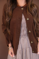 Chocolate Brown Button-Front Cardigan — close-up of decorative buttons.