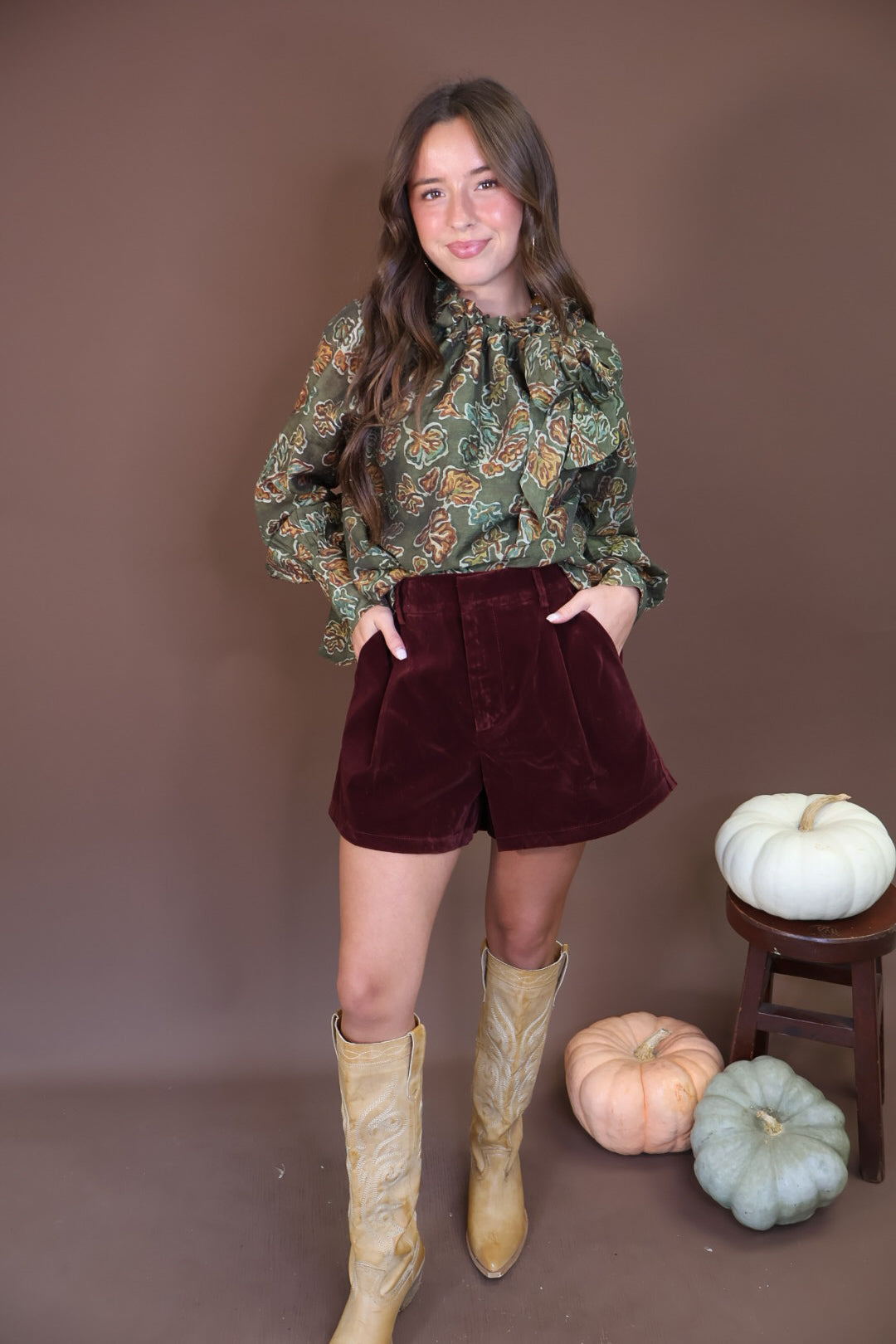 Burgundy Brushed Velvet Trouser Shorts — front outfit view.
