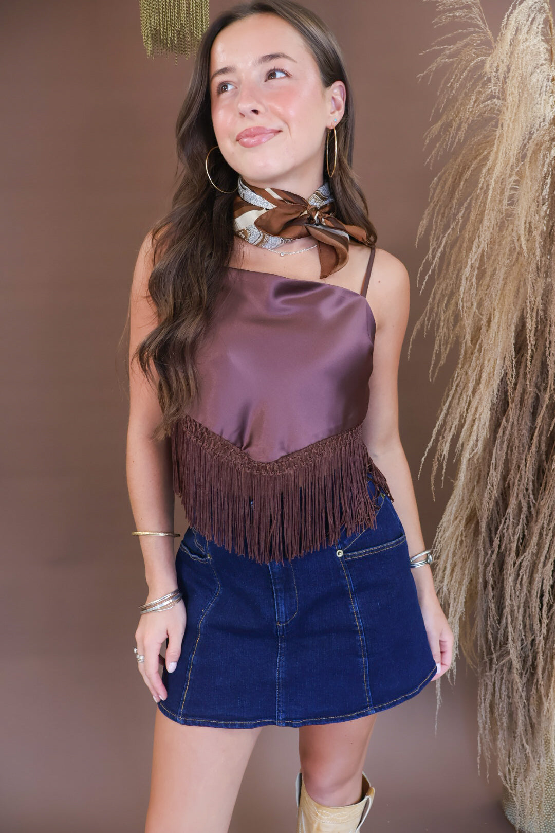 Mauve satin crop top with fringe trim hem