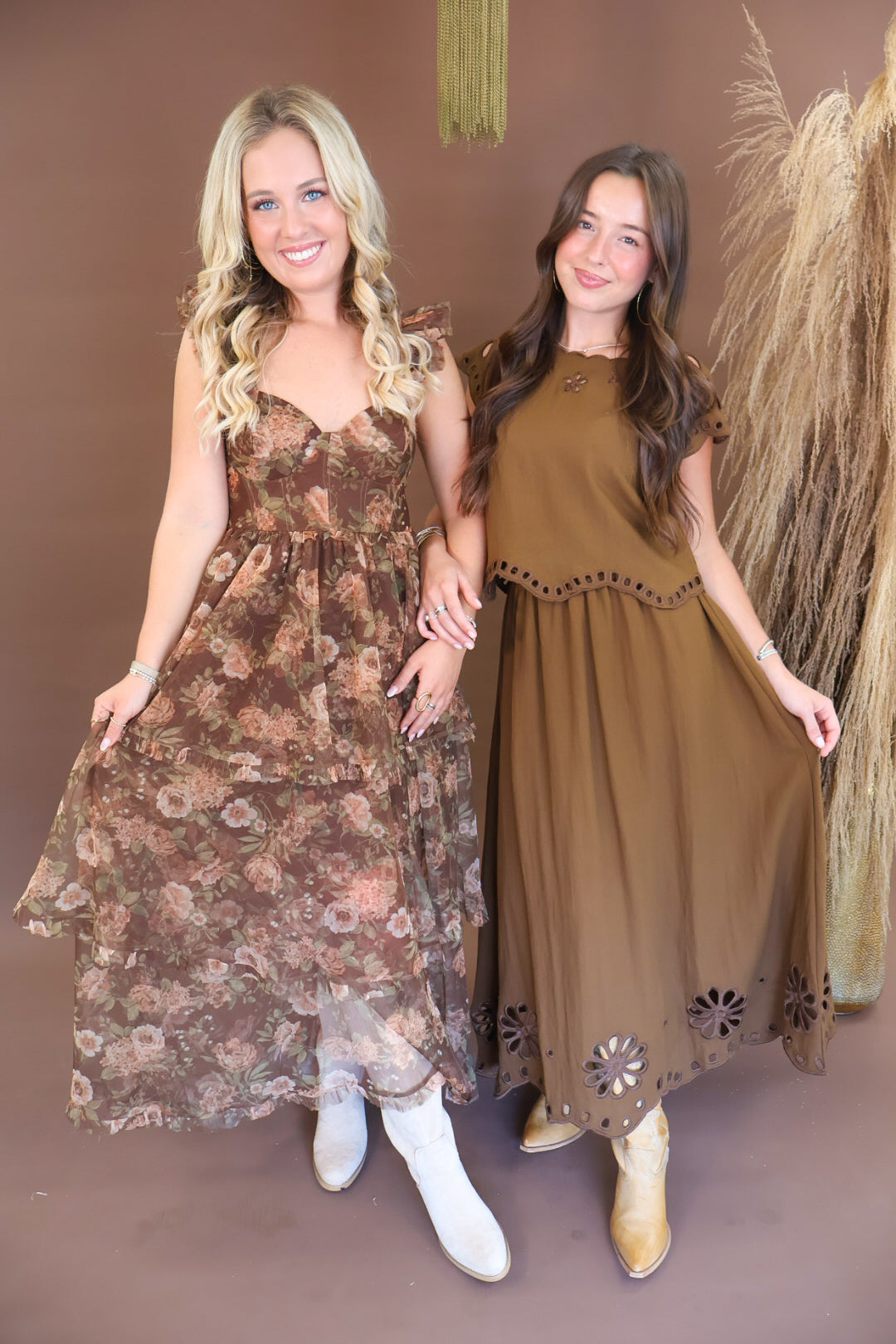 Chocolate floral mesh dress with ruffle straps and side slit