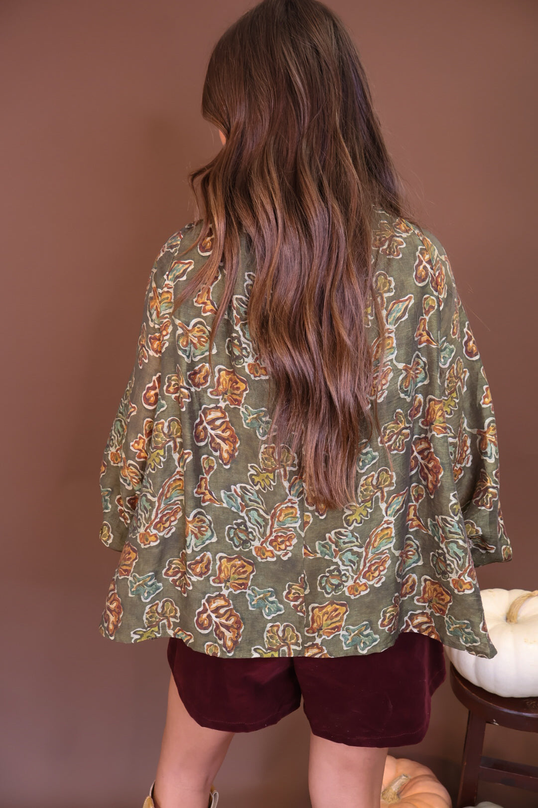 Olive Floral Tie-Neck Blouse — back view.