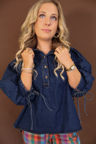 Dark Denim Balloon Sleeve Top — close-up of collar and button placket.