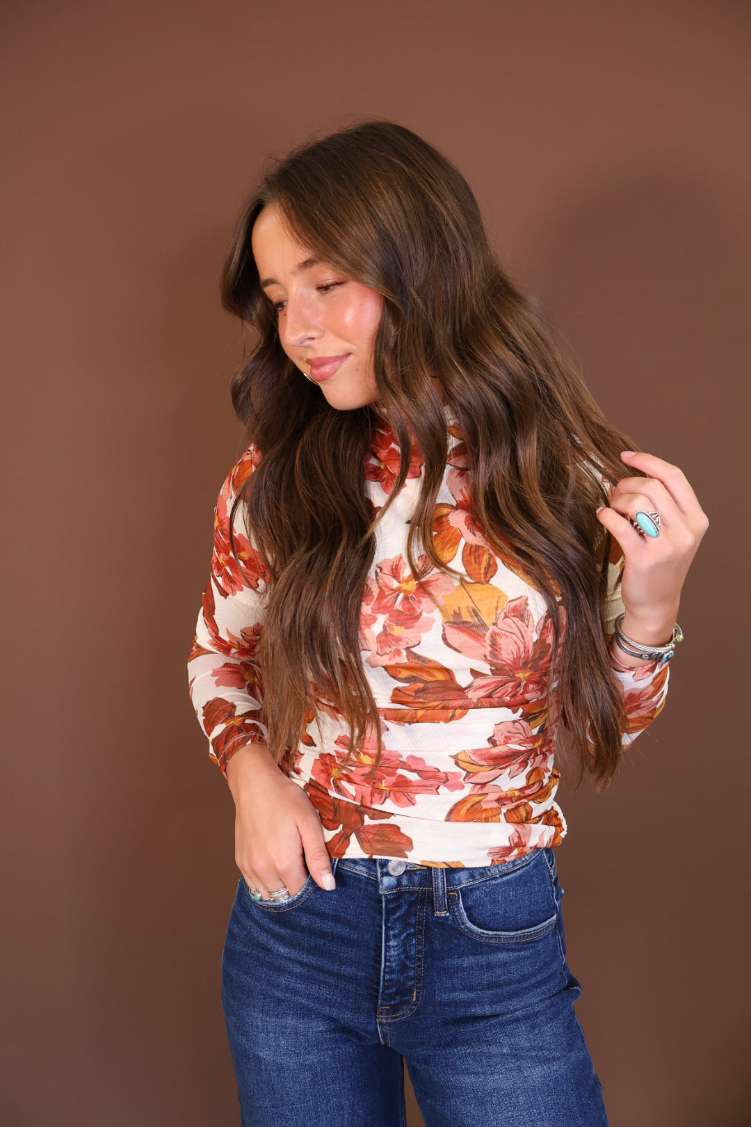 Ivory Floral Fitted Long Sleeve Mesh Top — front view.