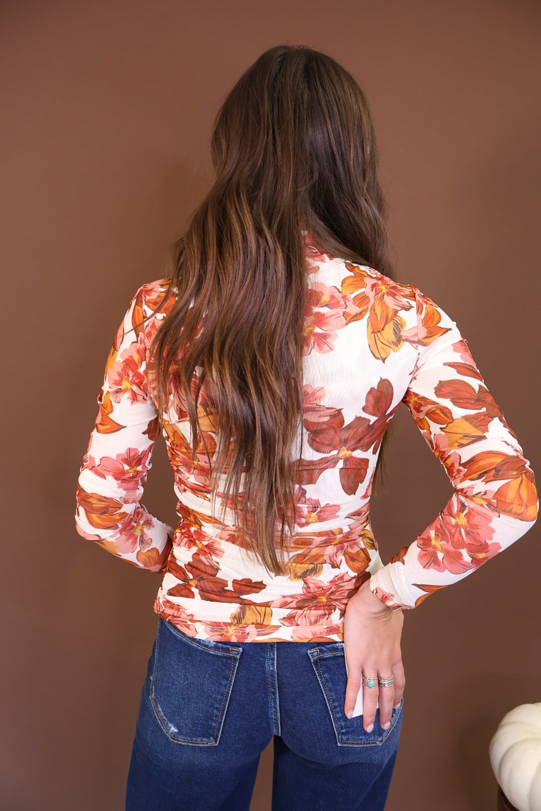 Ivory Floral Fitted Long Sleeve Mesh Top — back view.