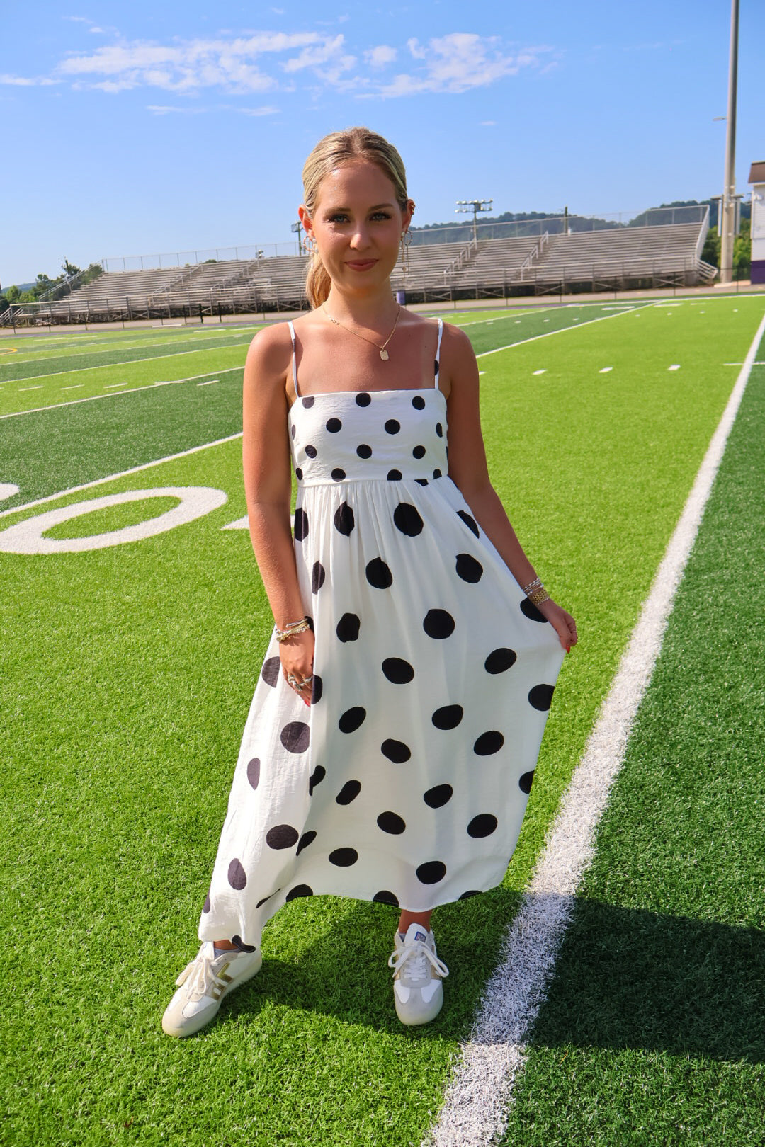 Black and White Polka Dot Smocked Midi Dress