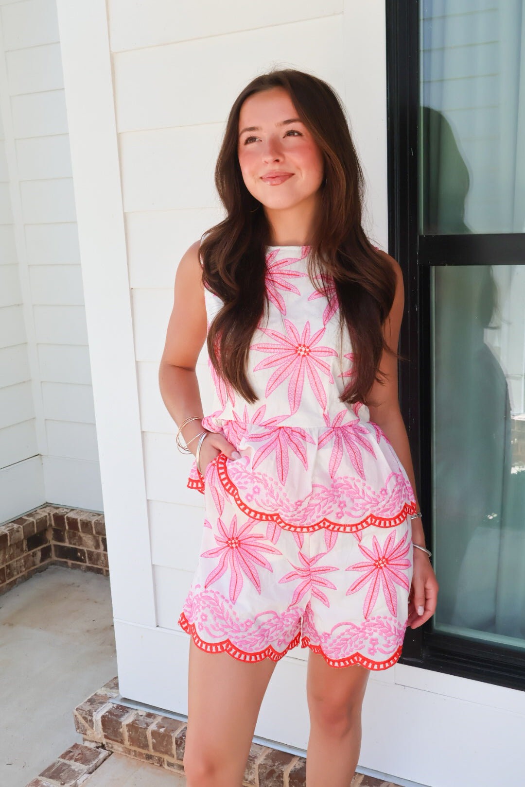 Pink Embroidered Peplum Top & Shorts Set