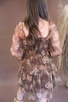 Brown floral mesh dress with sheer long sleeves