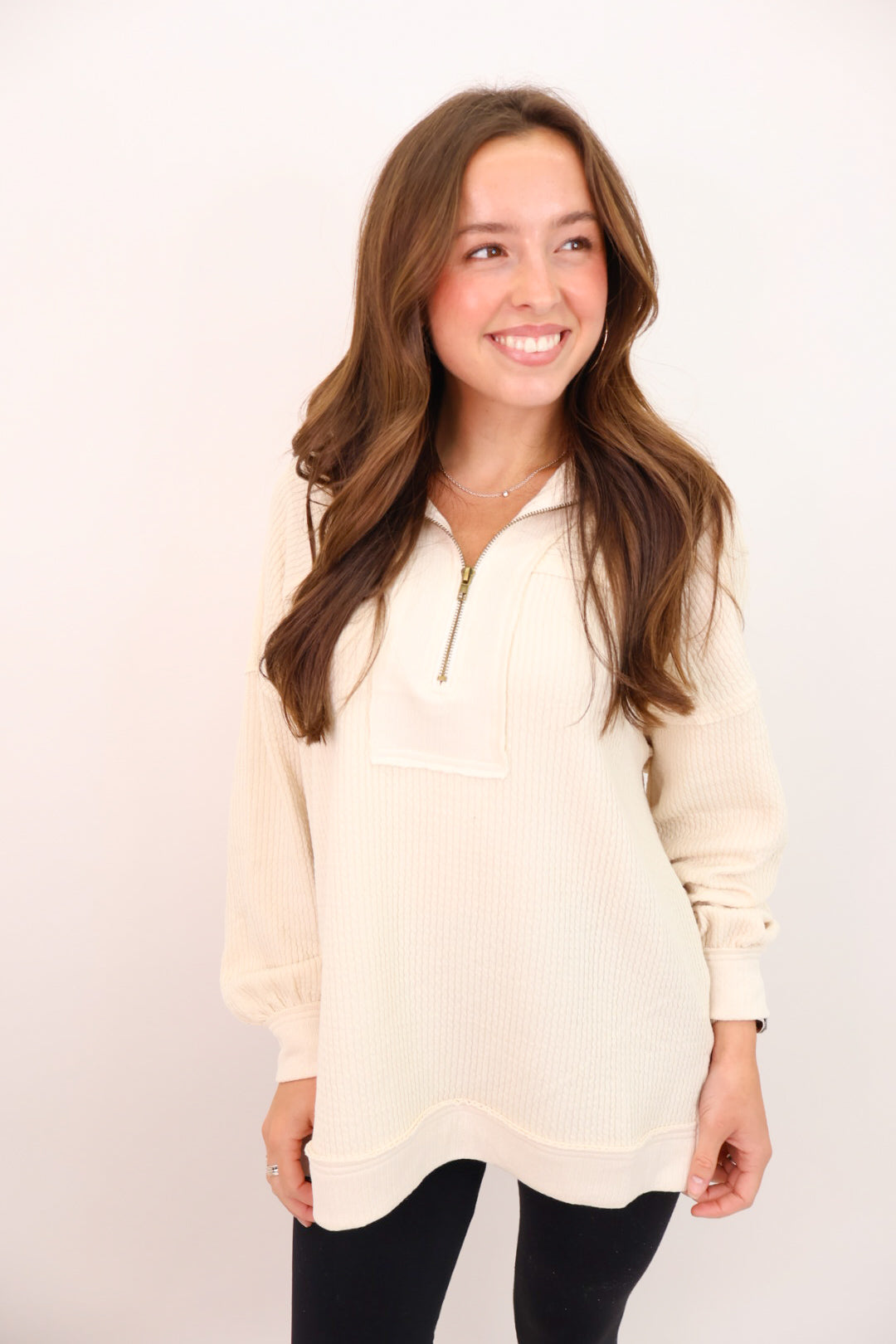 Cream Waffle Half Zip Pullover