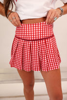 Crimson gingham pleated skort with built-in shorts — view 2