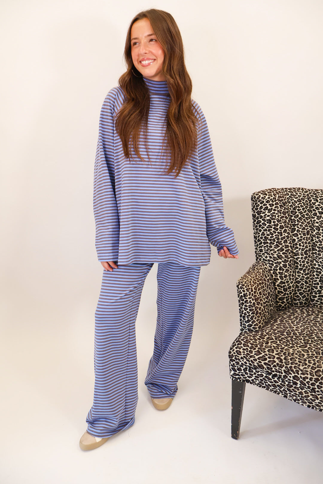Striped Mock Neck Pants Set - Blue + Chocolate