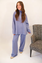 Striped Mock Neck Pants Set - Blue + Chocolate