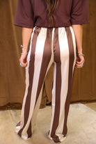 Brown And Cream Satin Striped Wide Leg Pants — back view.