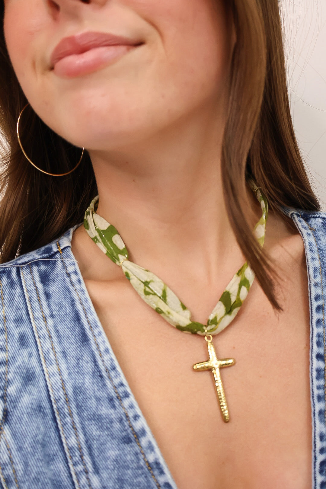 Green Floral Scarf Necklace with Cross Pendant