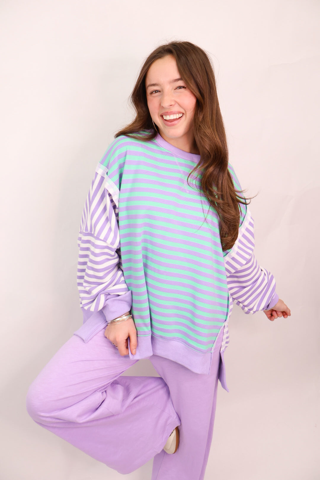 Oversized Everyday Pullover - Lavender- Lavender + Mint Stripe