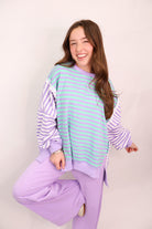 Oversized Everyday Pullover - Lavender- Lavender + Mint Stripe