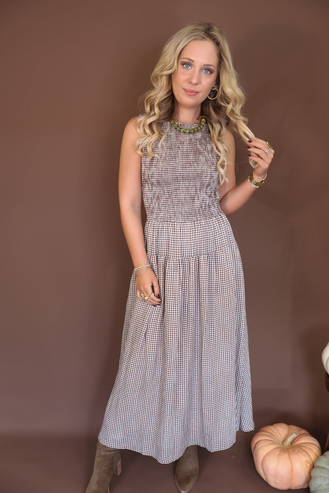 Brown Gingham Smocked Sleeveless Midi Dress — full front view.