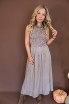 Brown Gingham Smocked Sleeveless Midi Dress — full front view.