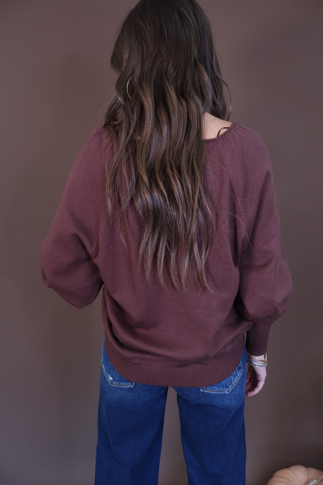 Brown Lace Neckline Sweater — back view.