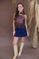 Mauve satin crop top with fringe trim hem