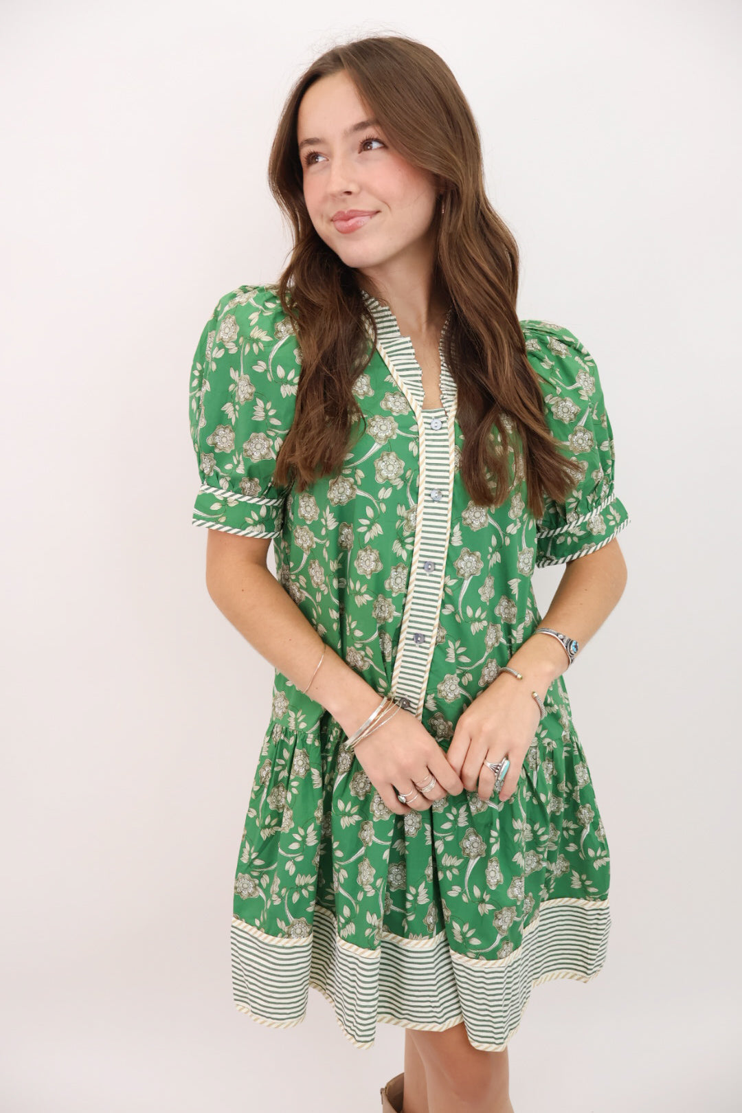 Green Floral Short Sleeved Dress