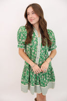Green Floral Short Sleeved Dress