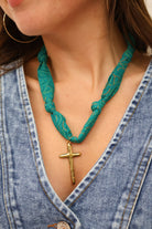 Teal Scarf Necklace with Hammered Cross Pendant